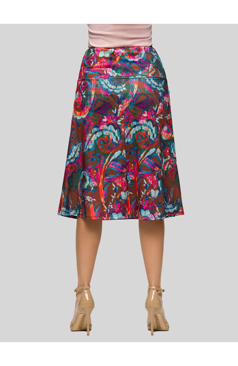 24seven Comfort Apparel Paisley Print Comfortable Elastic Waist Knee Length Skirt, Alternate, color, Brown Multi