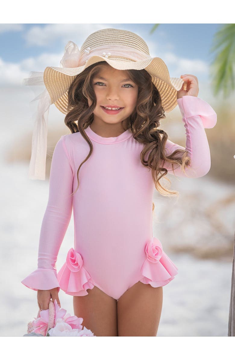 Mia Belle Girls Rose Petal Rash Guard One-Piece Swimsuit, Alternate, color, Pink