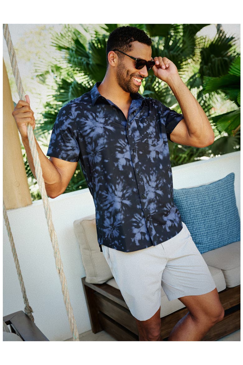 Warmer Tides Tie Dye Short Sleeve Stretch Button-Up Shirt, Alternate, color, BLACK