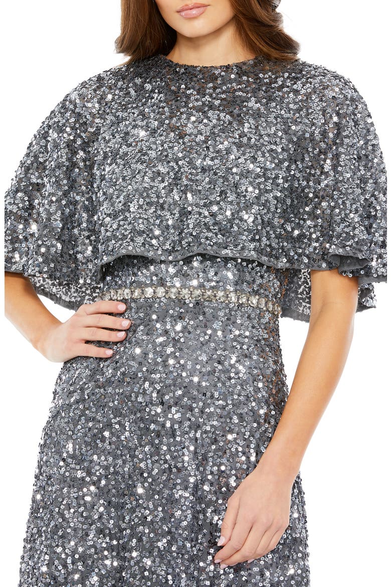 Embellished Cape High Neck Midi Dress, Alternate, color, CHARCOAL