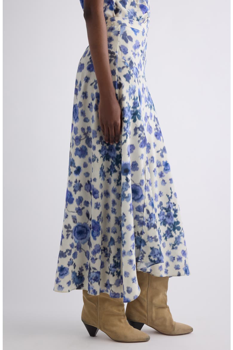 Sakura Floral Ikat Print Stretch Silk Skirt, Alternate, color, BLUE