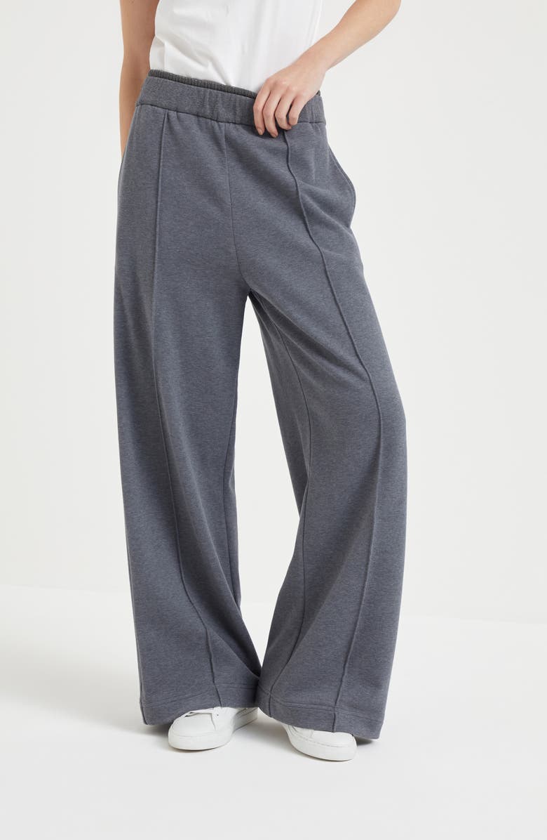 Brunello Cucinelli Cotton smooth French terry baggy trousers with shiny ribbed detail, Alternate, color, 