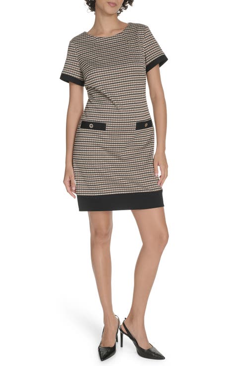 Houndstooth Short Sleeve Shift Dress