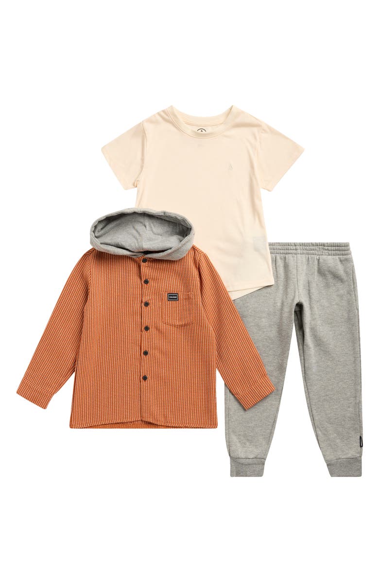 VOLCOM BABY Kids' Hooded Shacket, T-Shirt & Joggers Set, Main, color, Rust