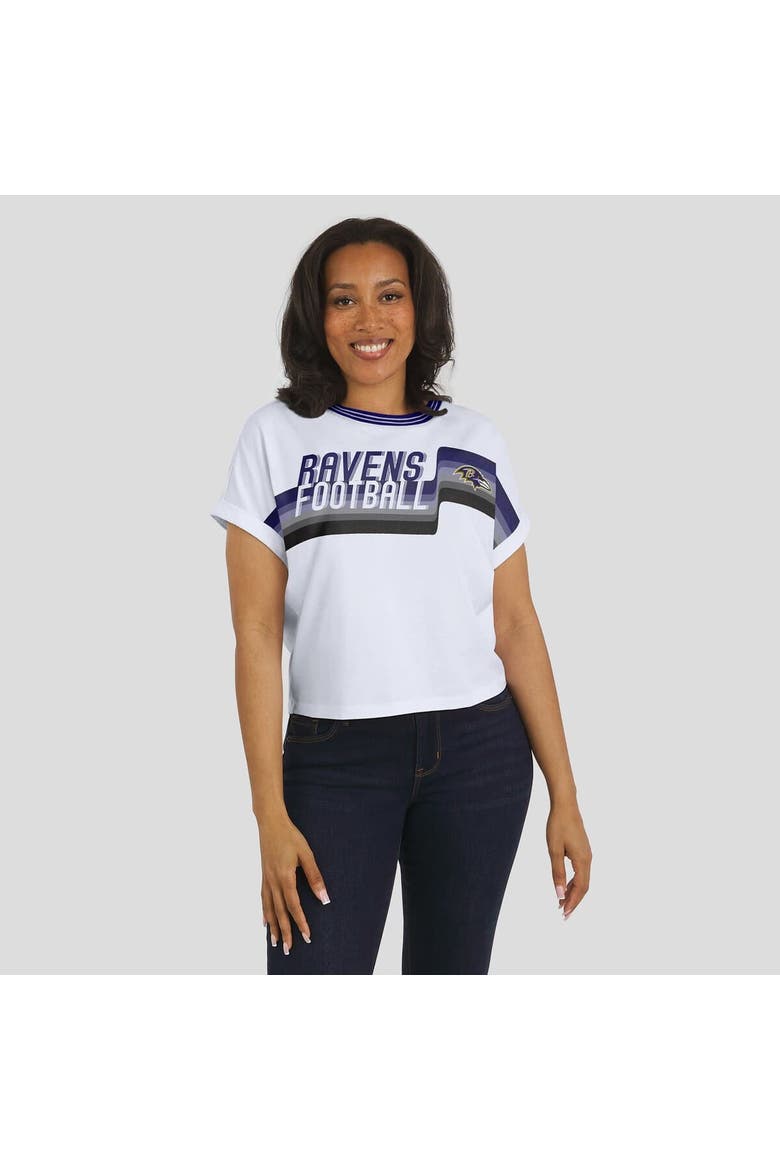 Women's WEAR by Erin Andrews White Baltimore Ravens Cropped Center Stripe Dolman T-Shirt, Alternate, color, White