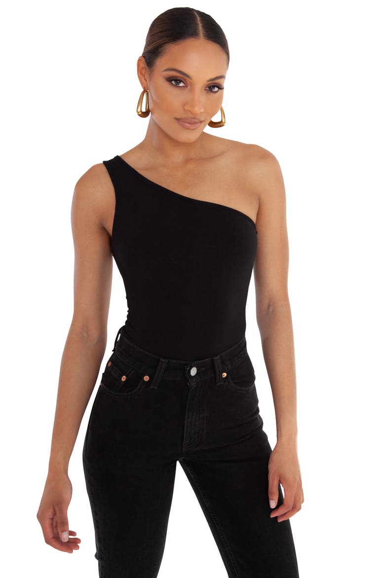 One-Shoulder Bodysuit, Alternate, color, BLACK