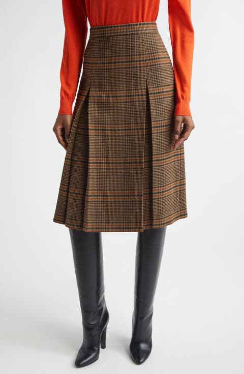 Prince of Wales Plaid Wool Midi Skirt