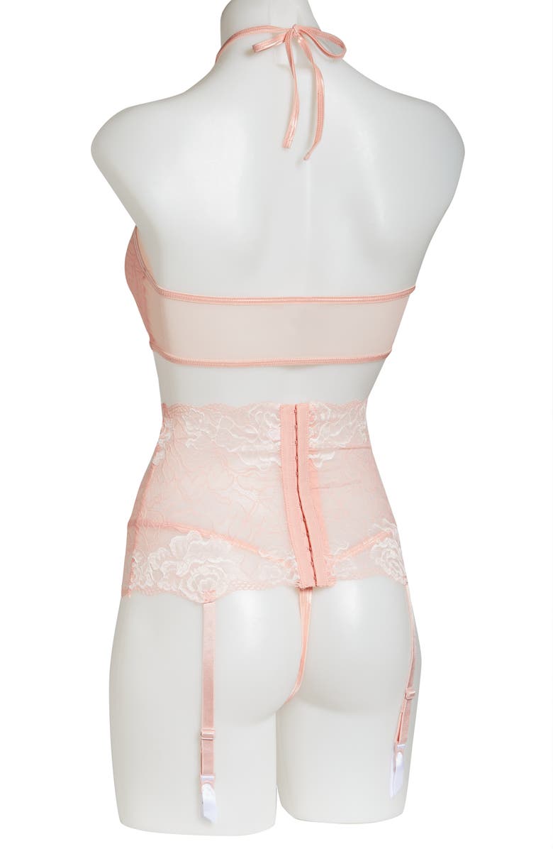 Coquette Crop Halter Top, Garter Belt & G-String Thong, Alternate, color, Pink