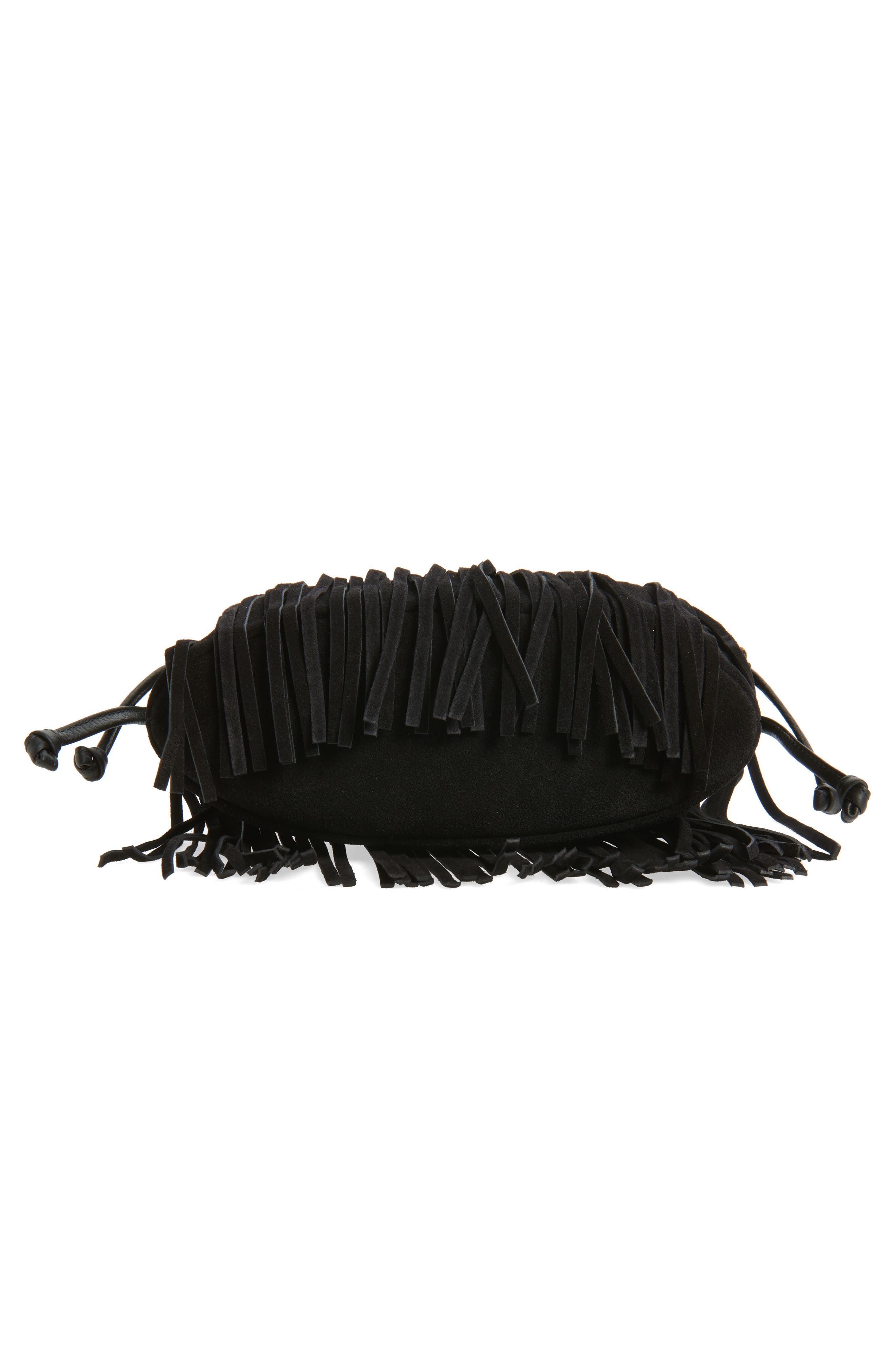Strathberry x Cinq à Sept Drawstring Fringe Suede Crossbody Bag, Alternate, color, Black