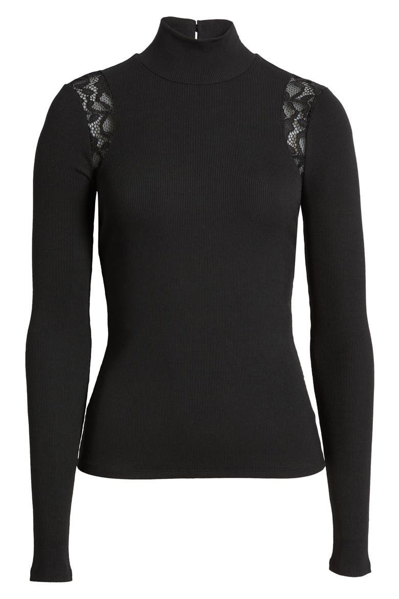 Astora Lace Detail Rib Mock Neck Top, Alternate, color, BLACK