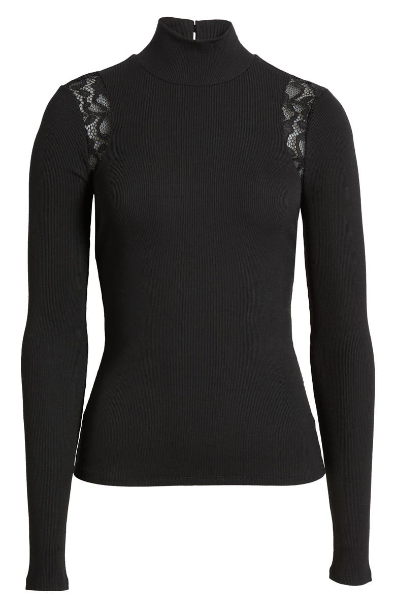 PAIGE Astora Lace Detail Rib Mock Neck Top, Alternate, color, Black