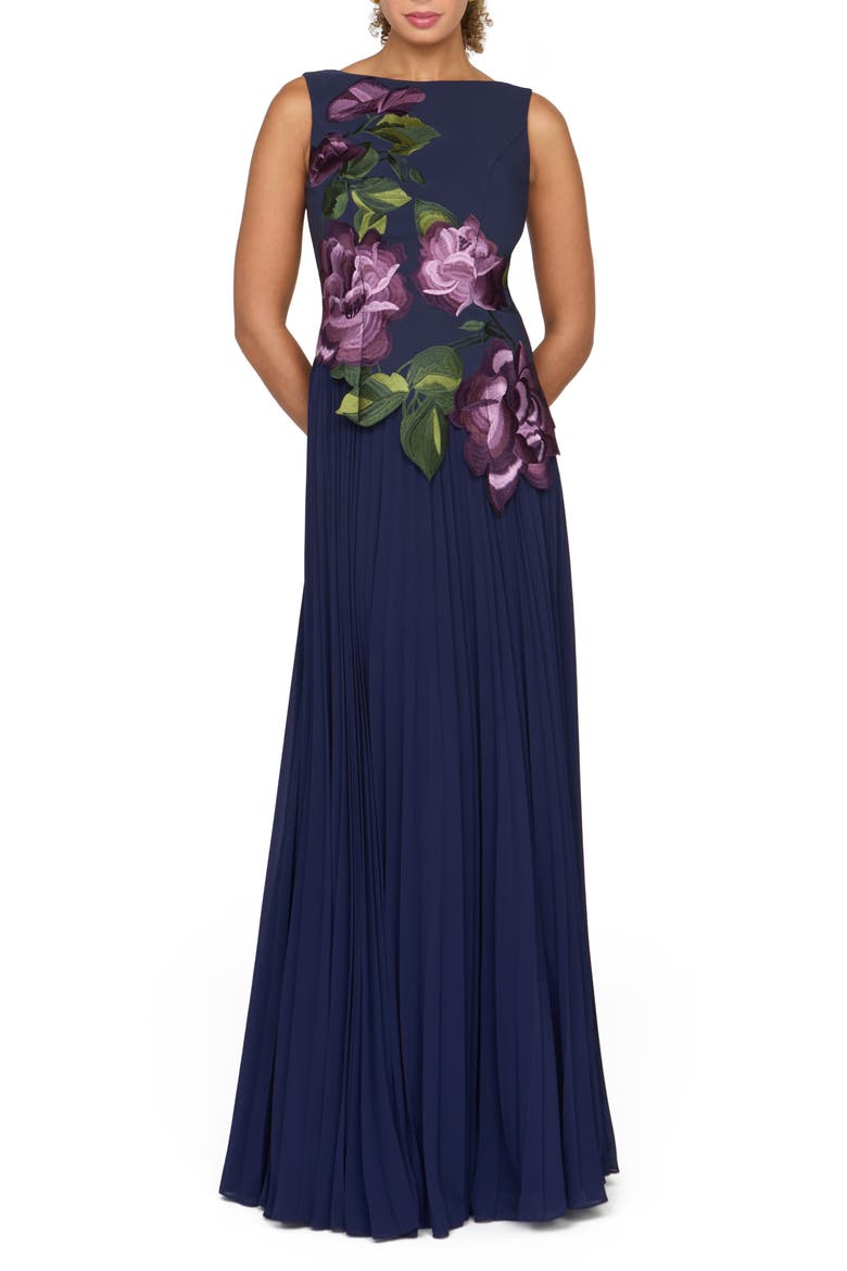 Jayla Appliqué Pleated Gown, Main, color, DARK TWILIGHT