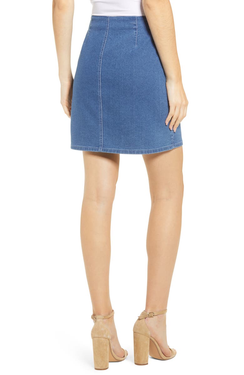 Tinsel Side Button Denim Miniskirt, Alternate, color,