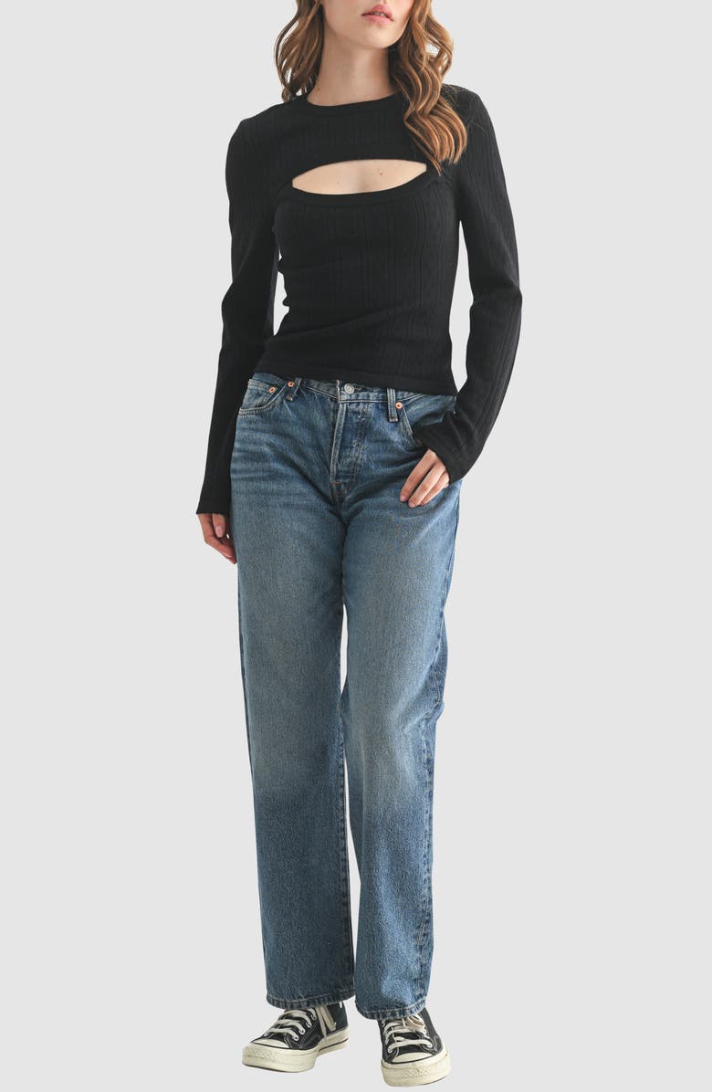 All in Favor Cutout Detail Pointelle Sweater, Alternate, color, Black