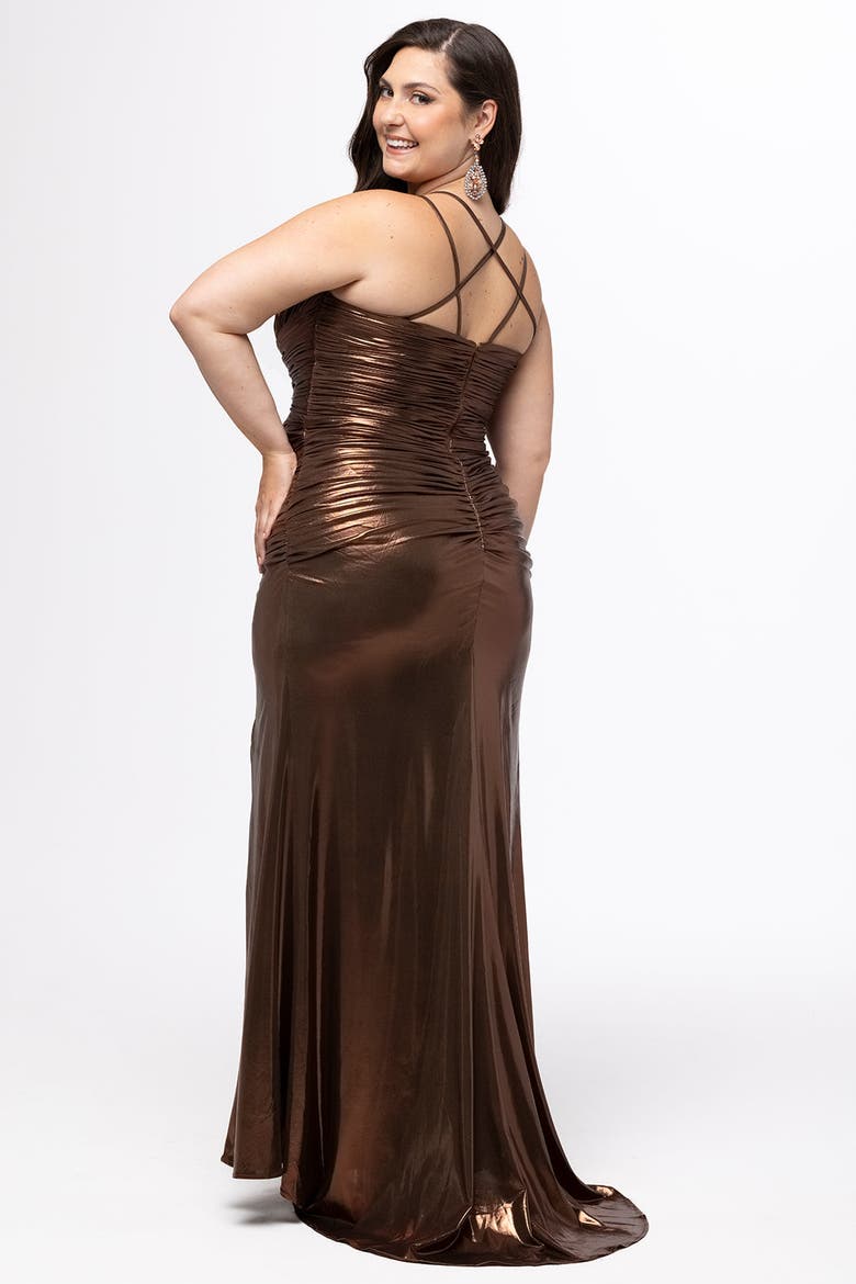 Metallic Body-Con Gown with Slit, Alternate, color, Chocolate