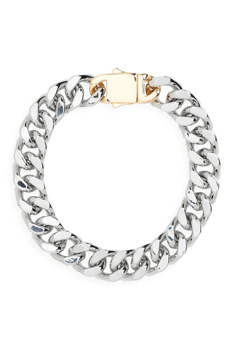 Two-Tone Flat Curb Chain Bracelet, Main, color, RHODIUM- GOLD