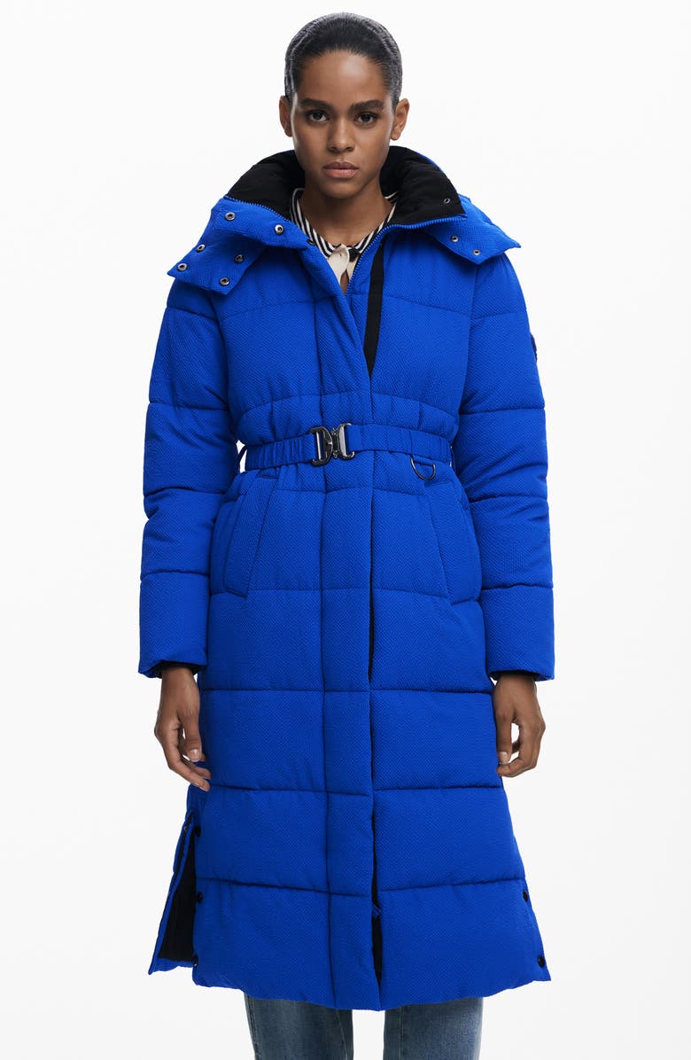 Desigual Quilted Puffer Longline Coat with Removable Hood, Alternate, color, Klein Blue