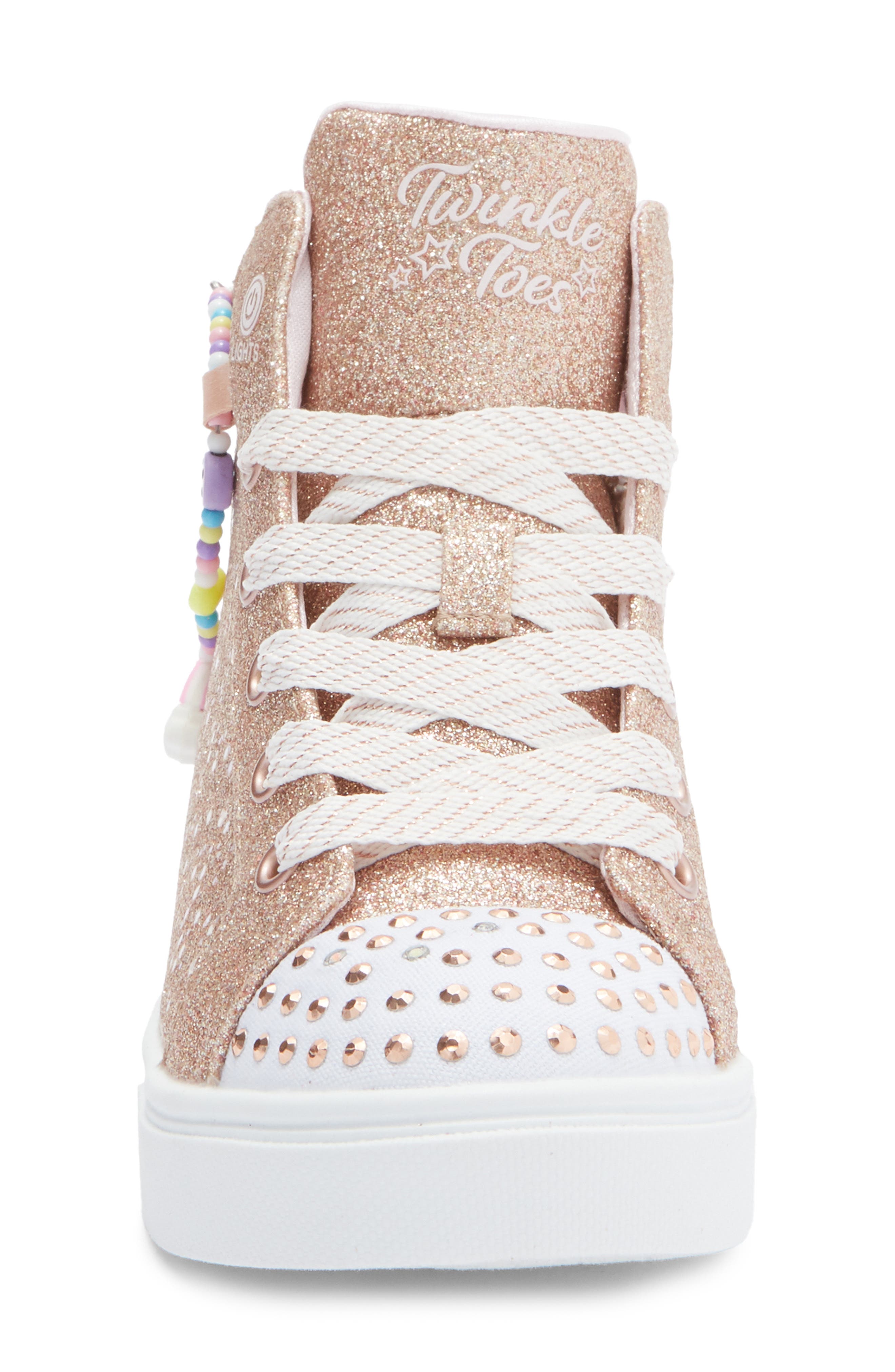 SKECHERS Kids' Twinkle Sparks Light-Up Glitter High Top Sneaker, Alternate, color, Rose Gold