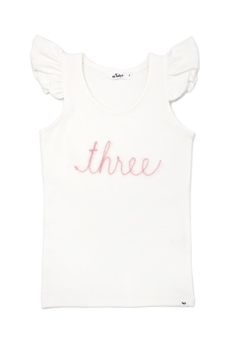 "three" Pink Embroidered Cotton Baby Rib Flutter Sleeve Tank, Main, color, Cream