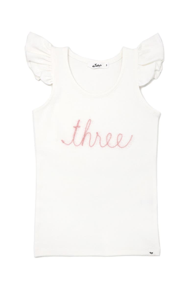 oh baby! "three" Pink Embroidered Cotton Baby Rib Flutter Sleeve Tank, Main, color, Cream