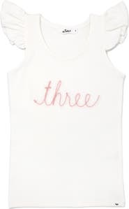 oh baby! "three" Pink Embroidered Cotton Baby Rib Flutter Sleeve Tank