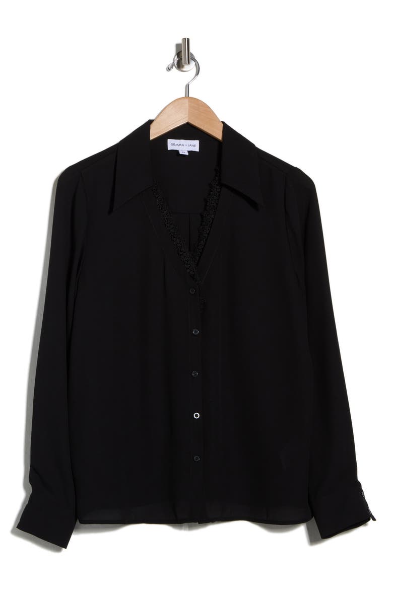 Gemma + Jane V-Neck Lace Trim Button-Up Shirt, Alternate, color, Black