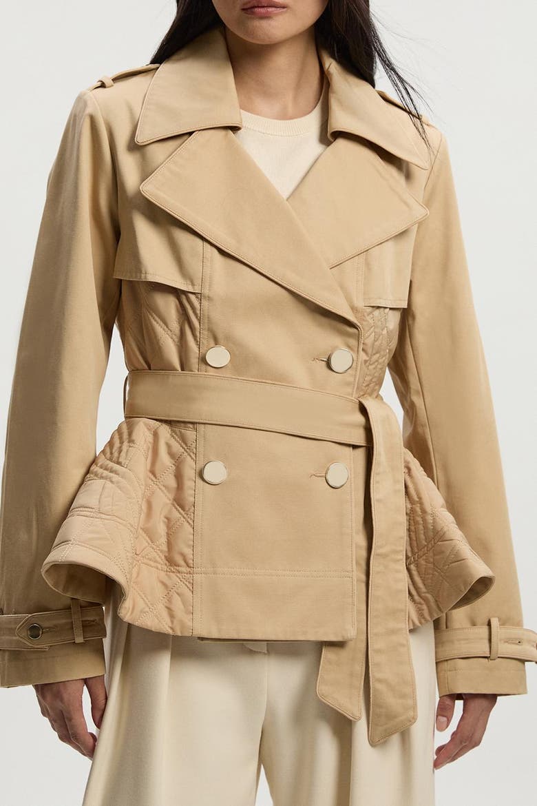 Quilted Padded Peplum Short Trench Coat, Alternate, color, Camel
