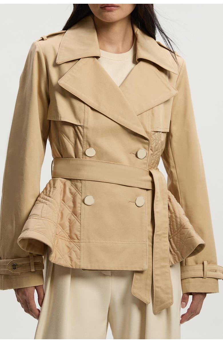 Karen Millen Quilted Padded Peplum Short Trench Coat, Alternate, color, Camel