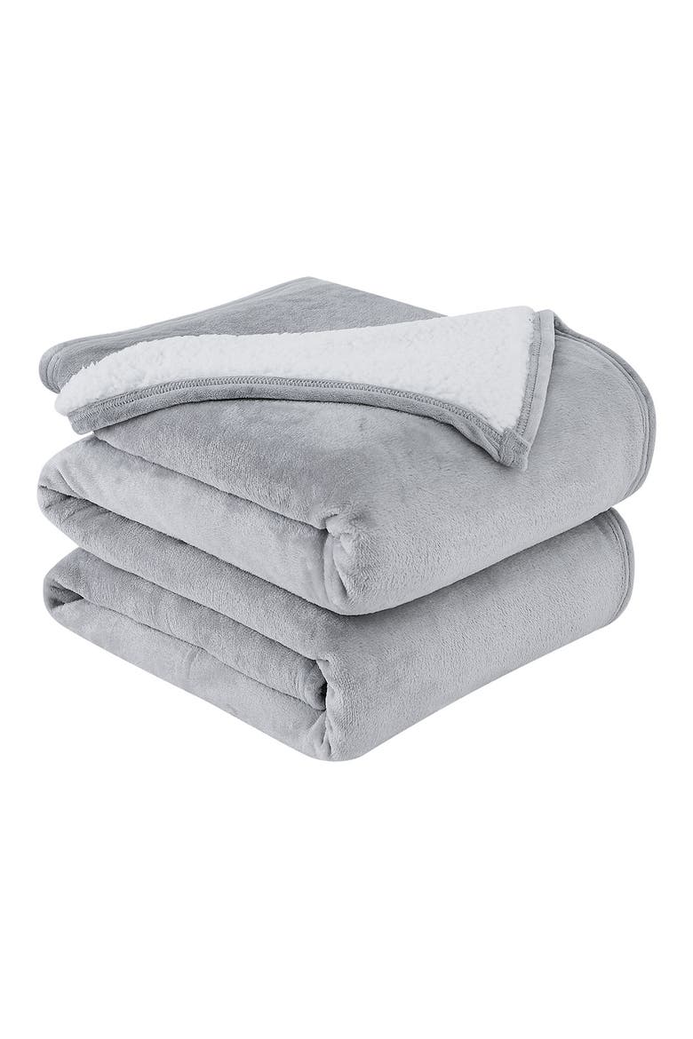 Microfleece Oversized Reversible Faux Shearling Throw Blanket, Main, color, GREY