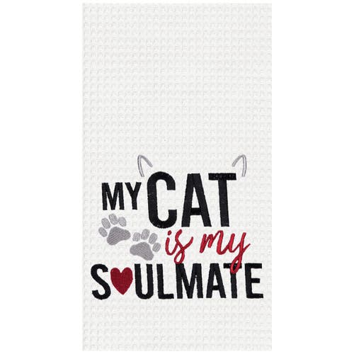 C & F Home C&f Home Cat Is My Soulmate Kitchen And Bathroom Embroidered Waffle Hand Towel In Black