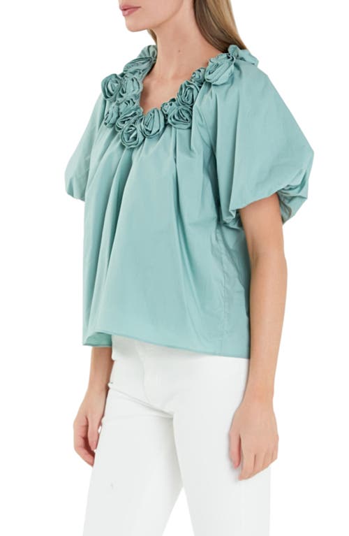 English Factory Rosette Puff Sleeve Cotton Poplin Top In Sage