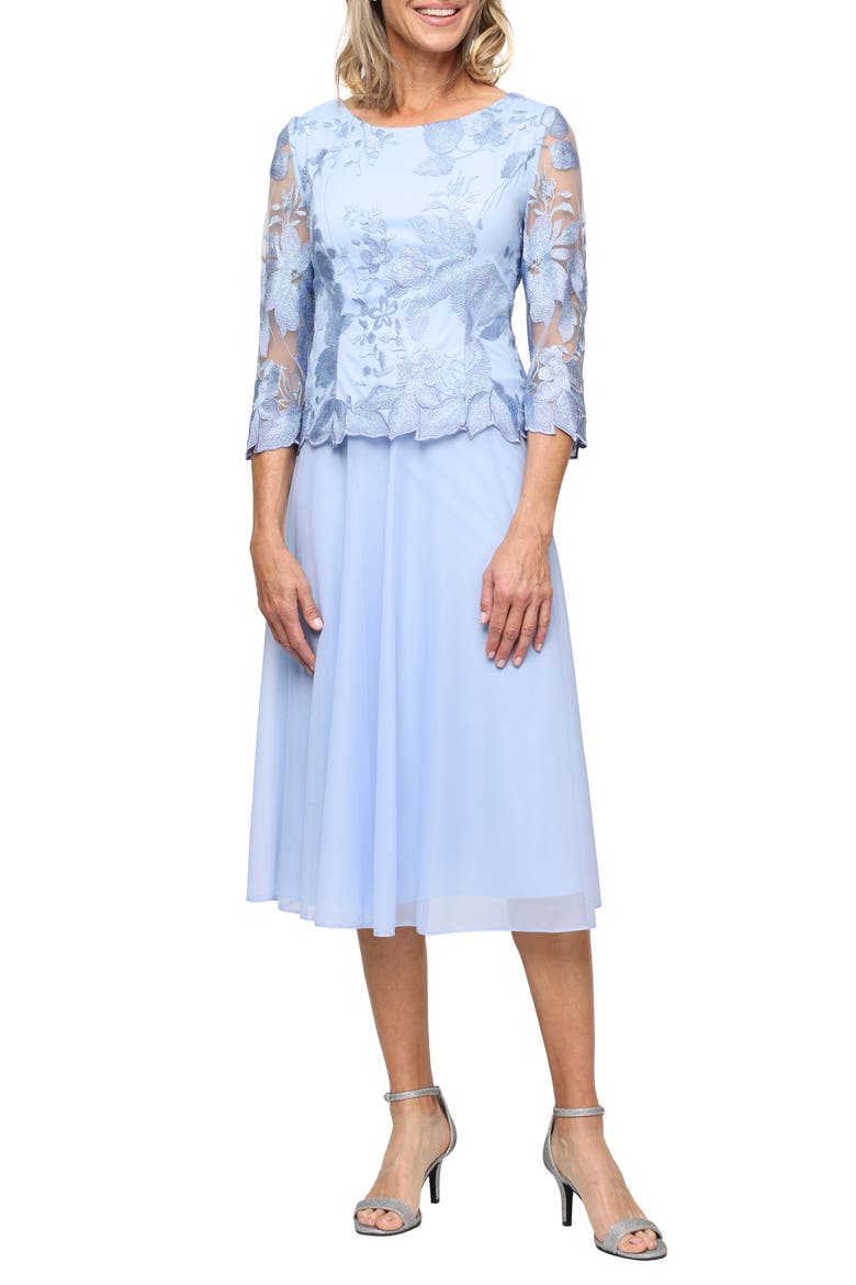 Illusion Sleeve Embroidered Midi Dress, Main, color, HYDRANGEA