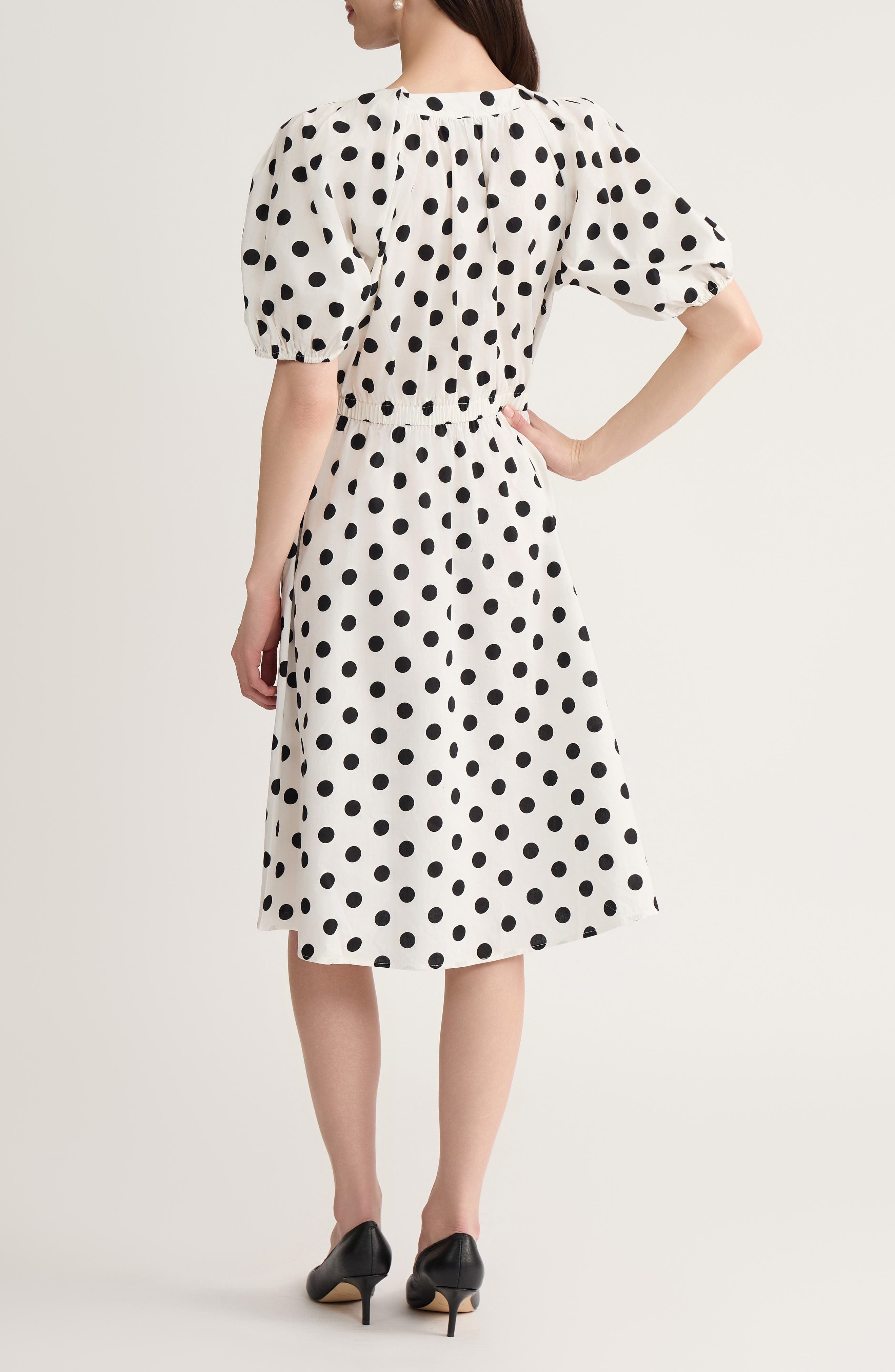 Polka Dot Puff Sleeve Stretch Cotton Dress - image 2