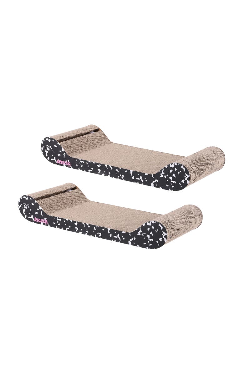 The Licker Store Rini 23.75" Modern Cardboard Lounge Bed Cat Scratcher with Built-In Bell Toys and Catnip, Main, color, Black/White