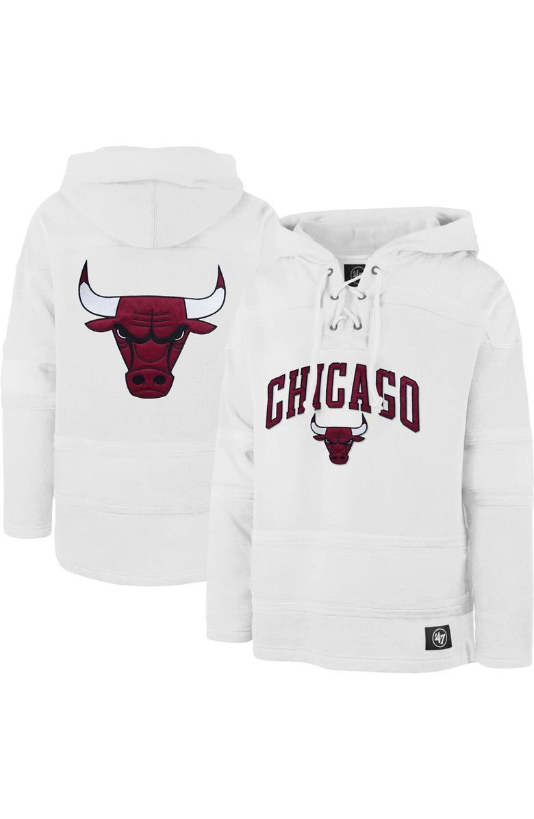 '47 Men's '47 White Chicago Bulls 2022/23 Pregame MVP Lacer Pullover Hoodie - City Edition, Main, color,