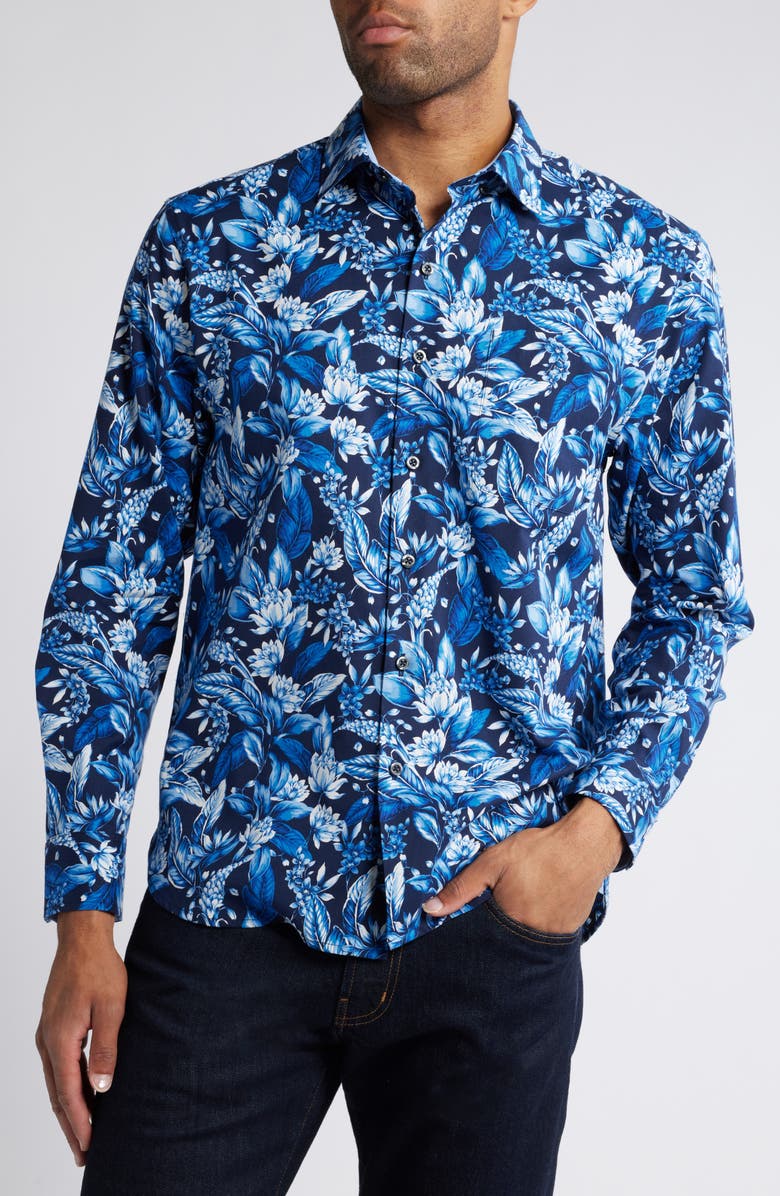 Tommy Bahama Lazlo Midnight Excursions Floral Stretch Cotton & Silk Button-Up Shirt, Main, color, 