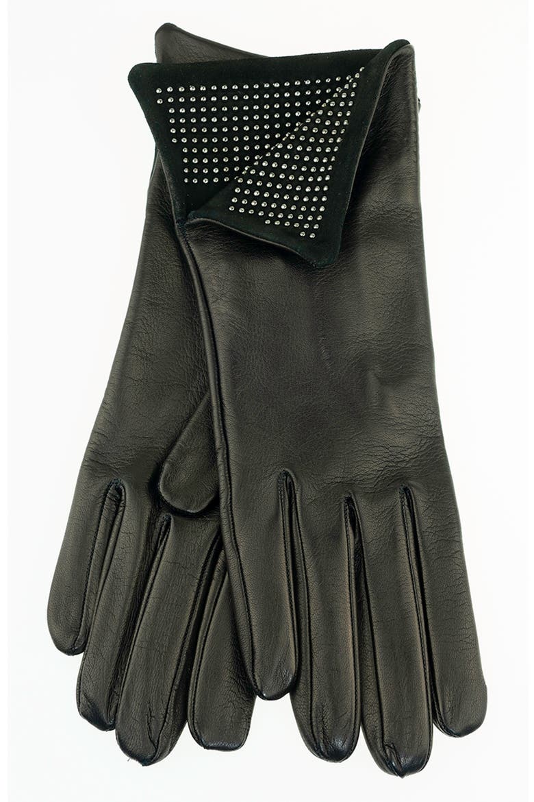 Ronnie Wood Silk Lined Studded Leather Gloves, Main, color, BLACK