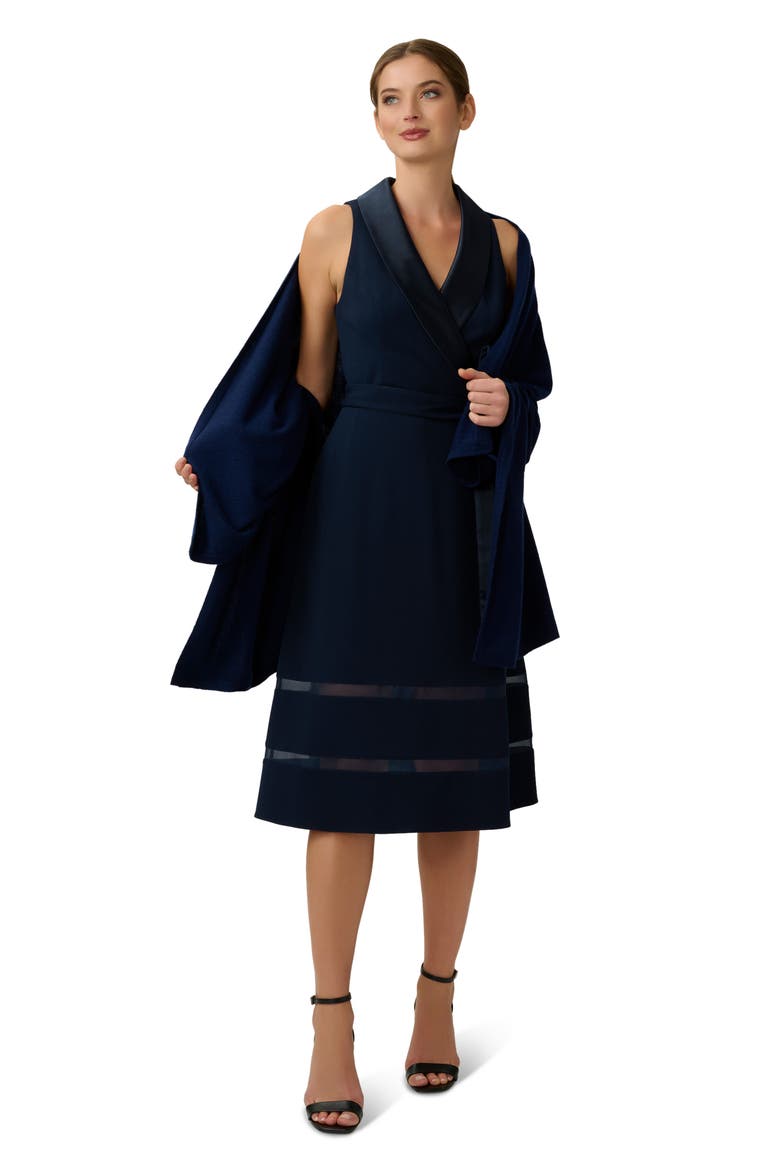 Satin Trim Crepe Midi Tuxedo Dress, Alternate, color, MIDNIGHT