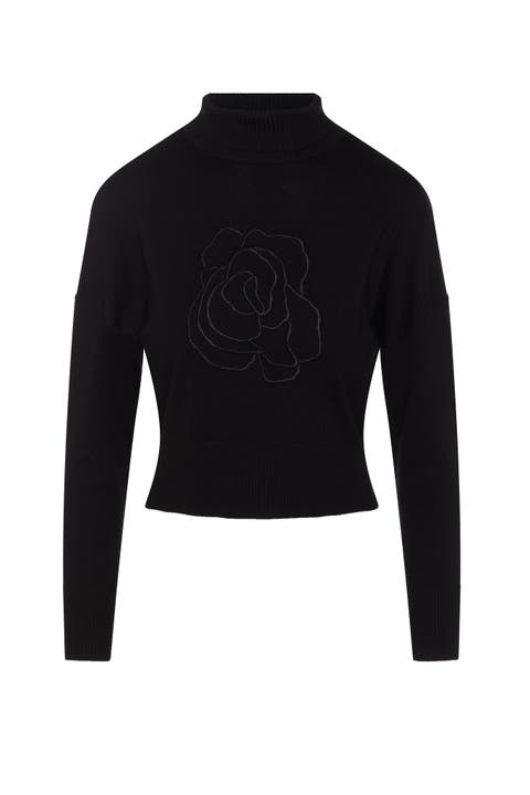 Cropped Embroidered Turtle Neck Knit Sweater