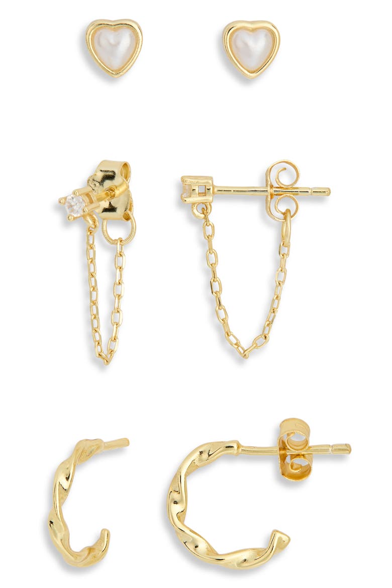 Set of 3 Stud & Huggie Hoop Earrings, Alternate, color, GOLD