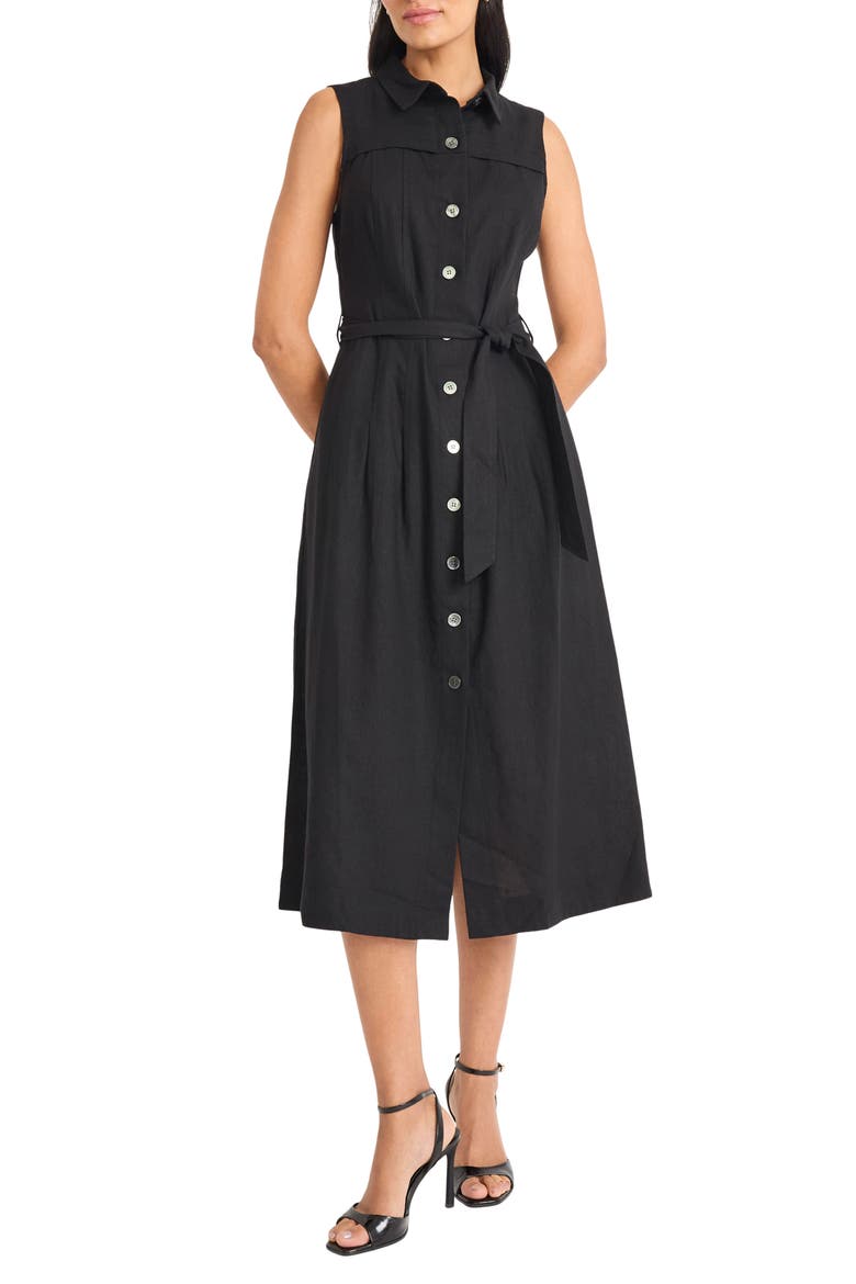Sleeveless Linen Blend Shirtdress, Main, color, BLACK