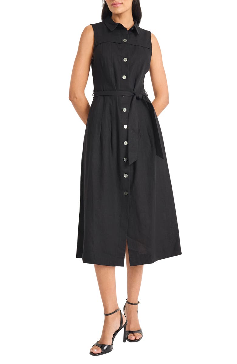 Maggy London Sleeveless Linen Blend Shirtdress, Main, color, Black