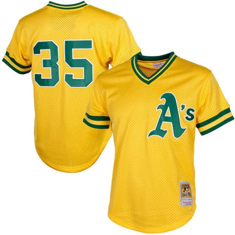 Men
s Mitchell 
Ness Rickey Henderson Yellow Oakland Athletics Cooperstown Mesh Batting Practice Jersey