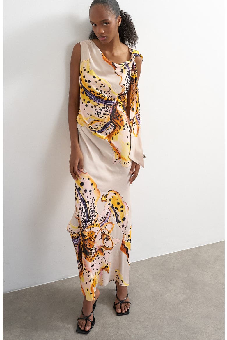 Print Side Drape Sleeveless Maxi Dress, Alternate, color, BLACK
