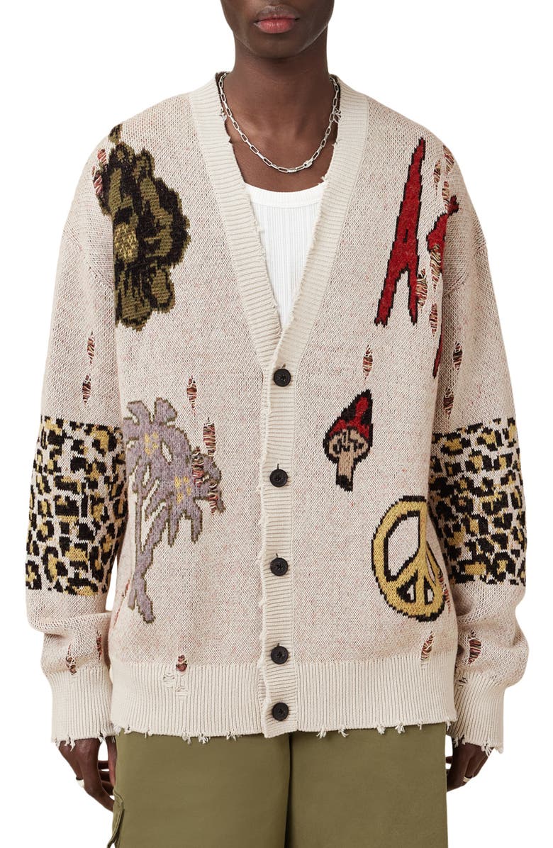 AllSaints Jay Distressed Jacquard Cardigan, Main, color, 