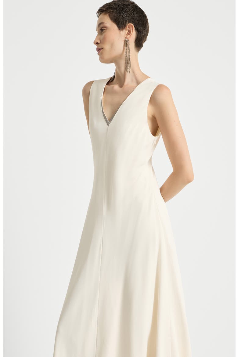 Silk and acetate crêpe cady fluid dress with precious neckline, Alternate, color, Chalk