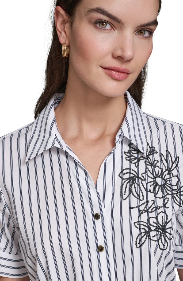 KARL LAGERFELD PARIS Floral Embroidery Detail Stripe Cotton Shirtdress, Alternate, color, Soft White/ Midnight Navy