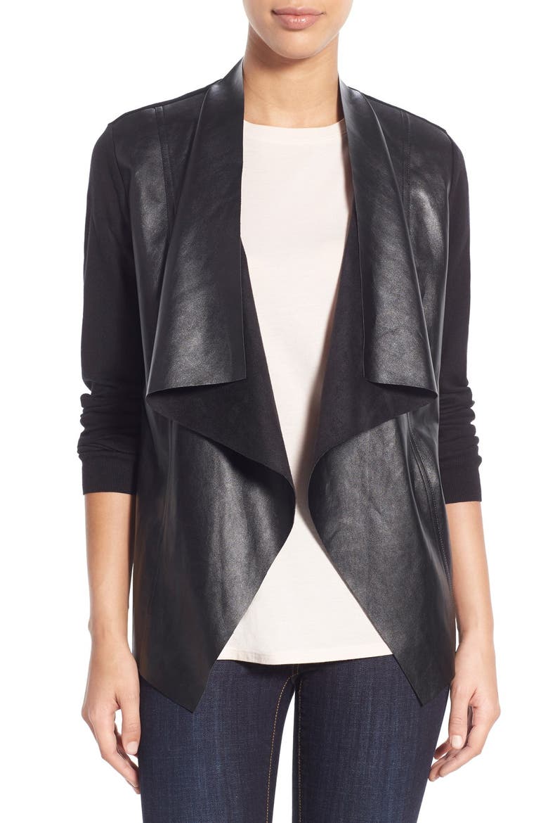 Faux Leather & Knit Cardigan, Main, color, BLACK