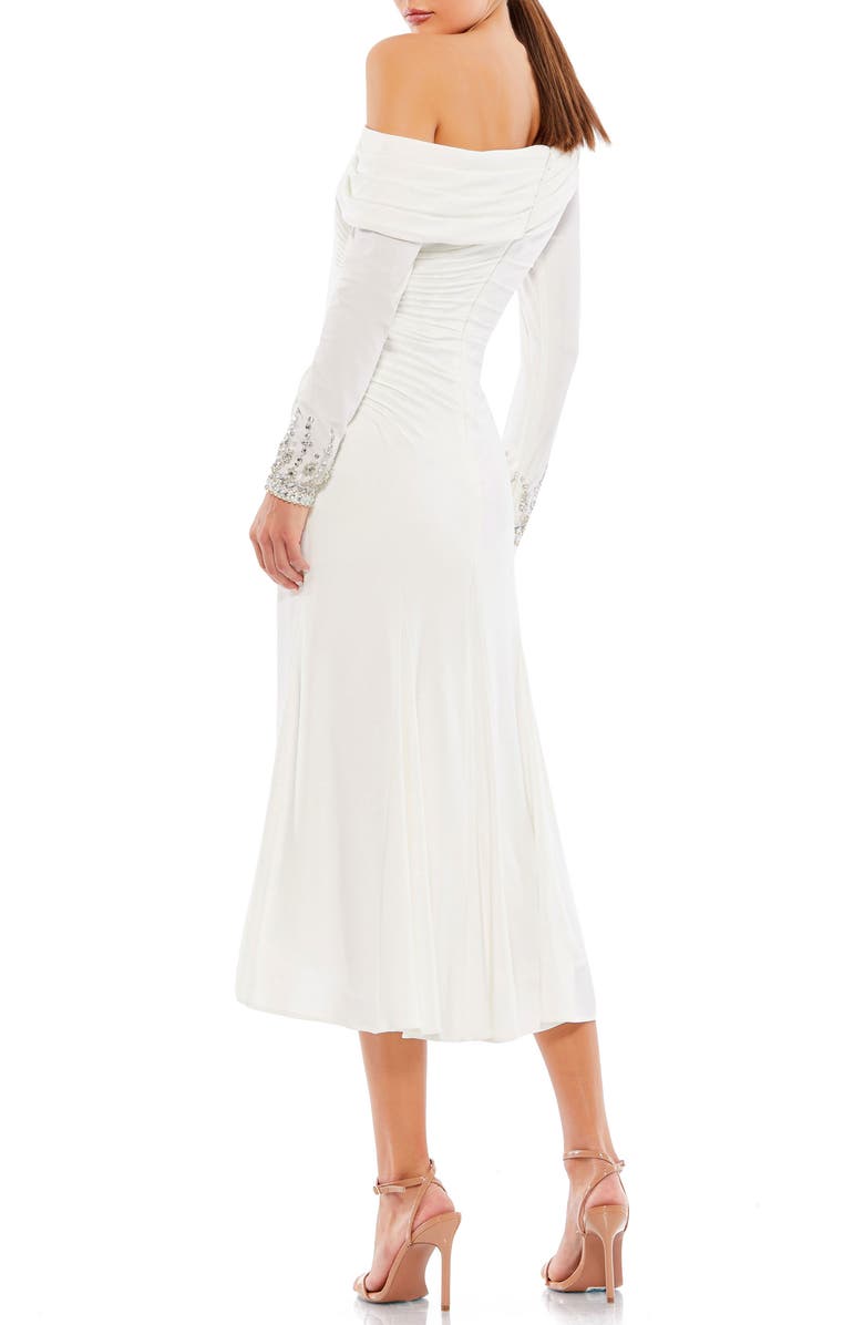 Mac Duggal Asymmetrical One Shoulder Jewel Accented Cuff Midi Dress, Alternate, color, White