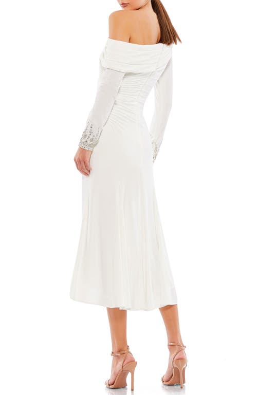 MAC DUGGAL MAC DUGGAL ASYMMETRICAL ONE SHOULDER JEWEL ACCENTED CUFF MIDI DRESS